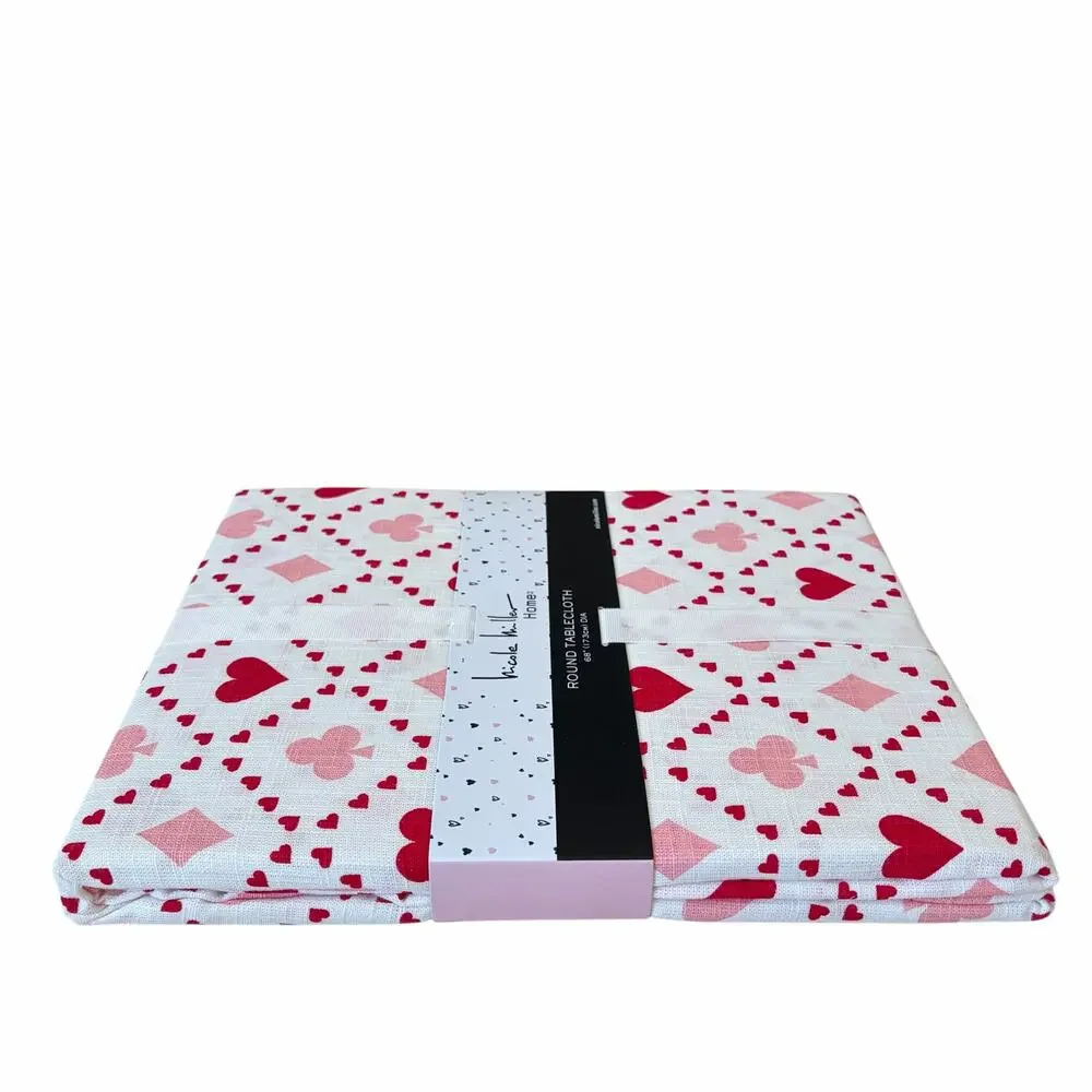 Nicole Miller Queen of Hearts Tablecloth 68in Round Pink Red Valentines Day New